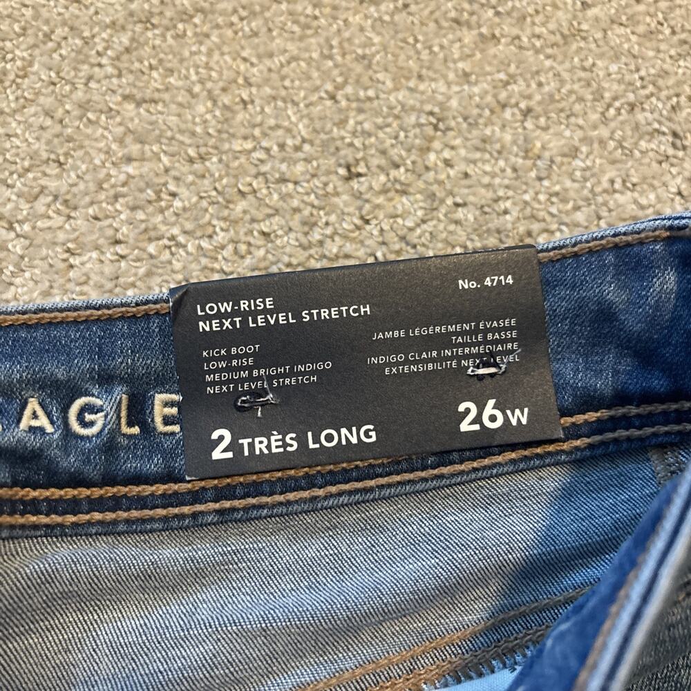 American Eagle Blue Kick Boot Low-Rise Next Level Stretch Jeans Sz 26 X-Long - Picture 4 of 10